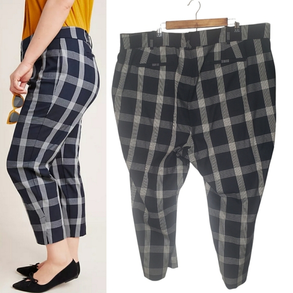 Anthropologie The Essential Slim Trousers in Black & White Plaid Print Size 24W - Picture 2 of 9